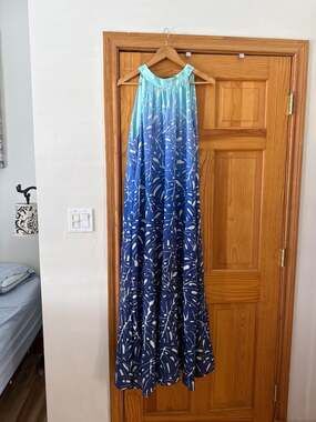 Vineyard Vines Monstera Ombre Halter Maxi Dress in Cotton Silk Blue Size 16